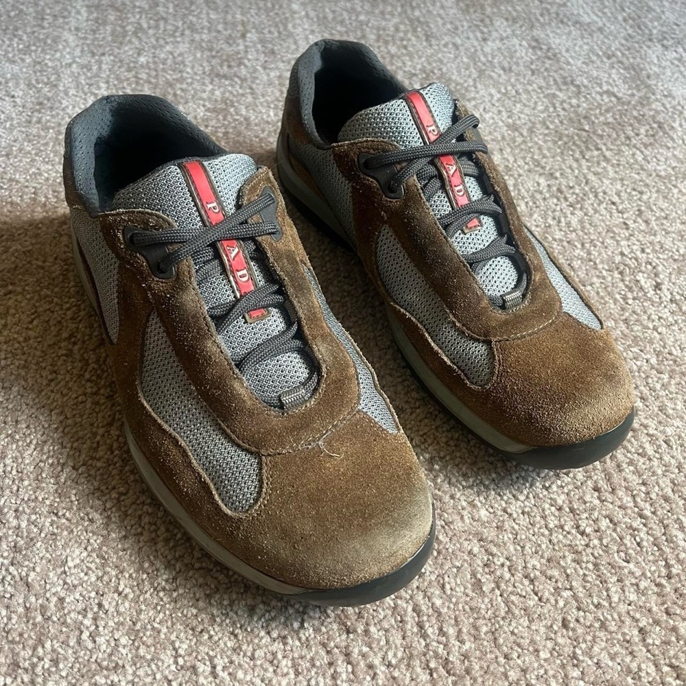 VTG 00s / Y2K Prada Americas Cup Brown Suede Leather Sneakers - Picture 2 of 7